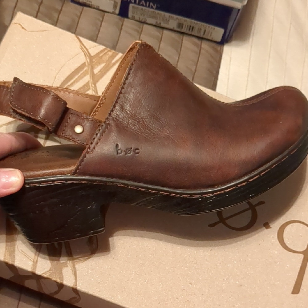 b.o.c. Brown Leather Mules with Chunky Heel
